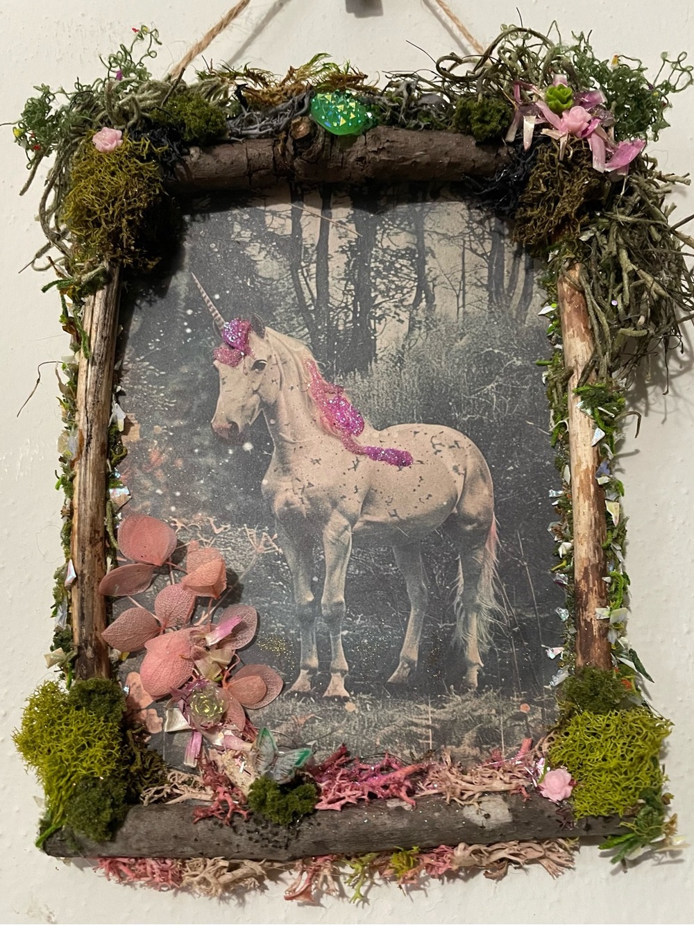 Unicorn Wall print with handcrafted border Pink Accents whimsical fantasy